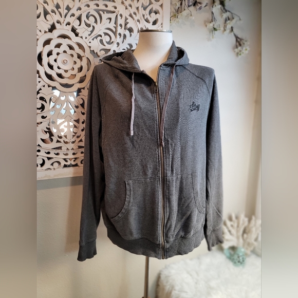 STÜSSY  FRONT ZIPPER HOODIE IN CHARCOAL GRAY COTTON MEN SIZE XLARGE - Picture 1 of 16
